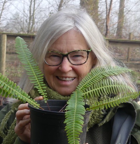 woman smiling with white hair holding potted fern