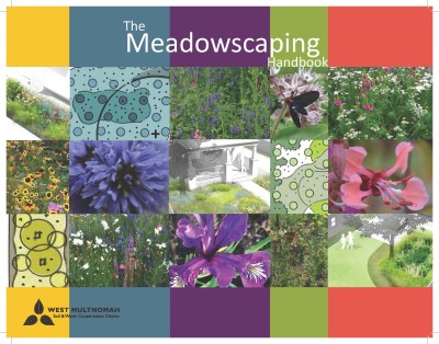 cover of the Meadowscaping Handbook with blocks of color, text, and photos of plants and flowers