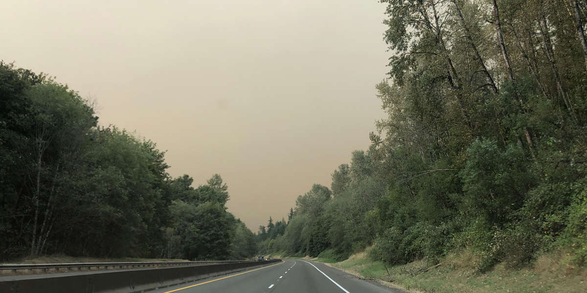 Highway with trees on side of road and brown smoke filling the sky