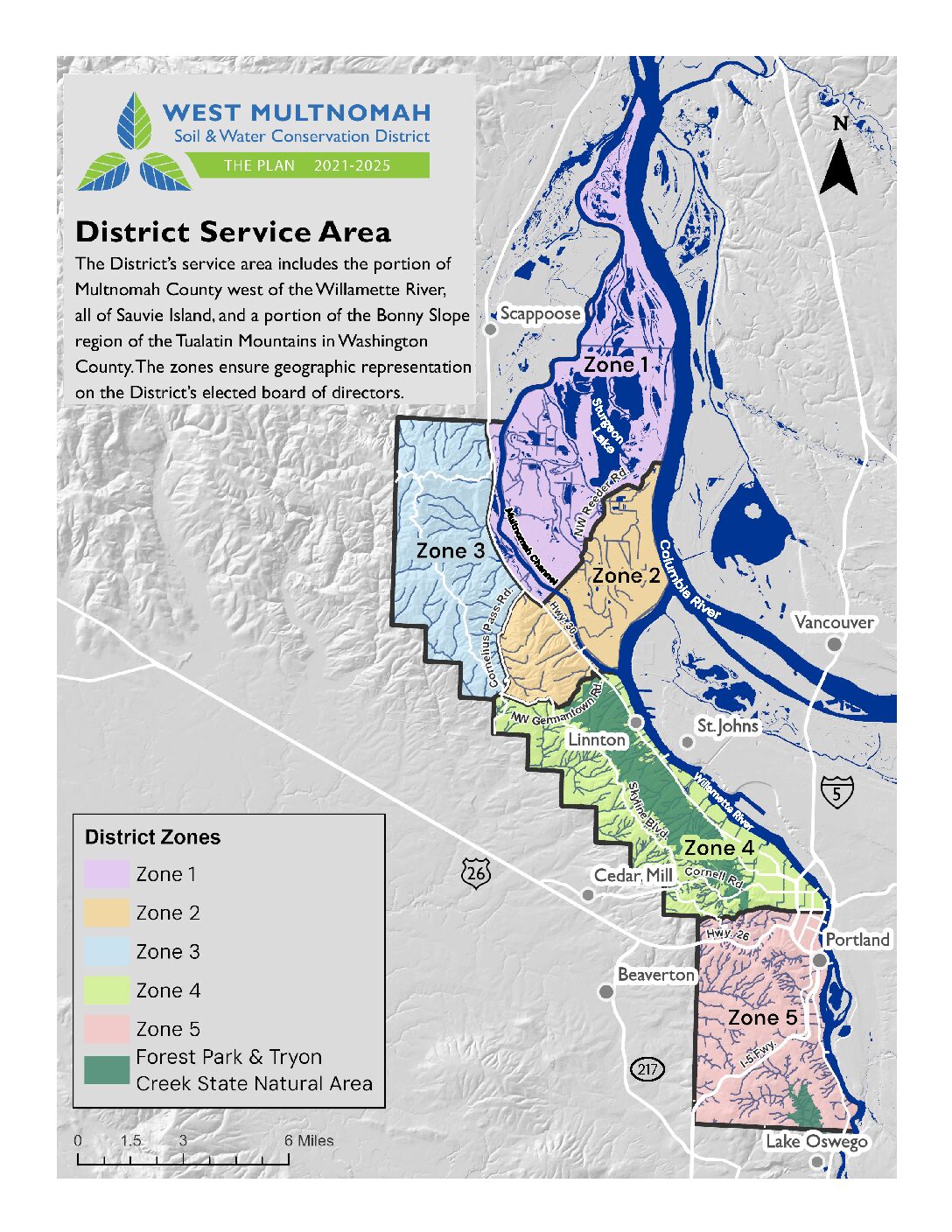 District Service area map with color coding of West Multnomah's 5 zones.