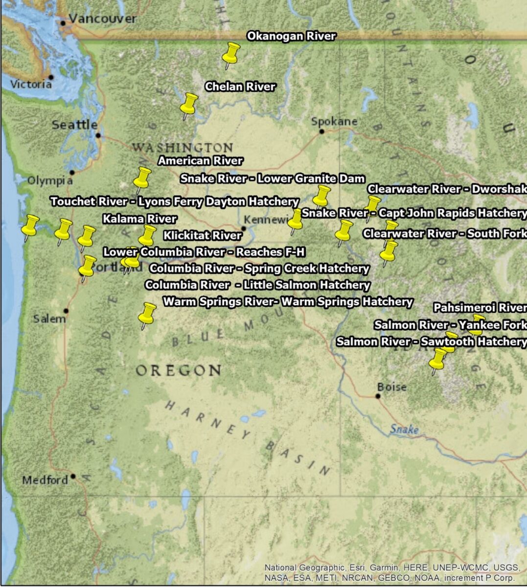 Points on a map of the Pacific Northwest showing different fisheries