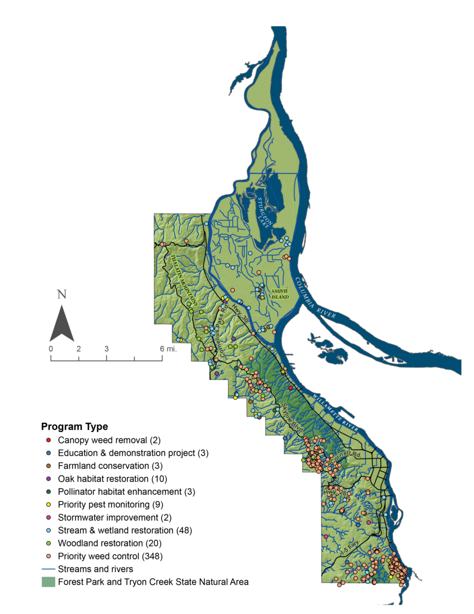 Green of our district with colored dots to show all of our project points. See caption for details.