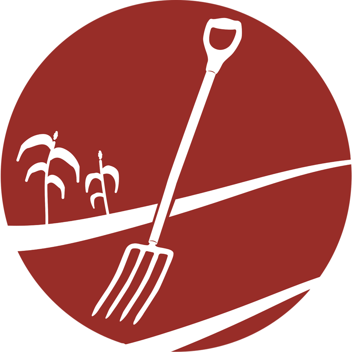 illustration with outline of pitchfork and corn on a red background