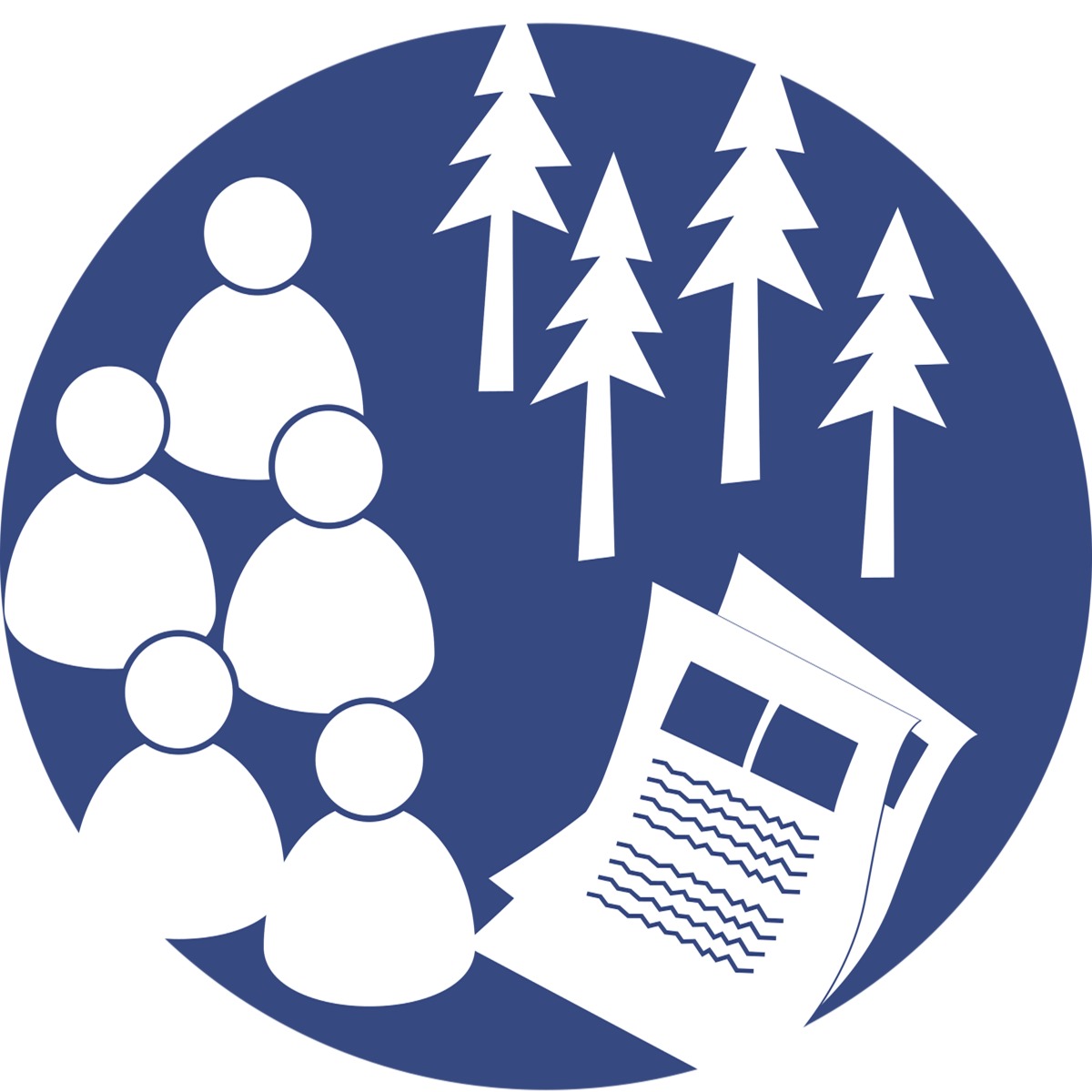 illustration with people, newspapers, and trees outlined on a blue background