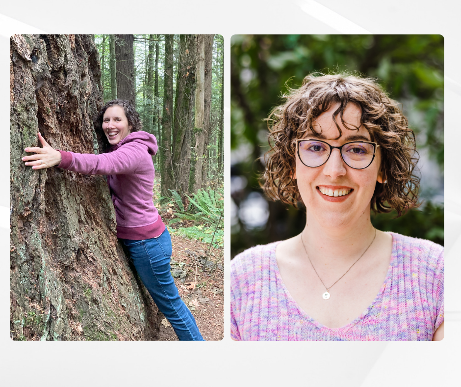 A split image of two women. On left, Ariana stands smiling hugging a large tree. To the right, Eleanor has a headshot where she smiles at the camera in black glasses.