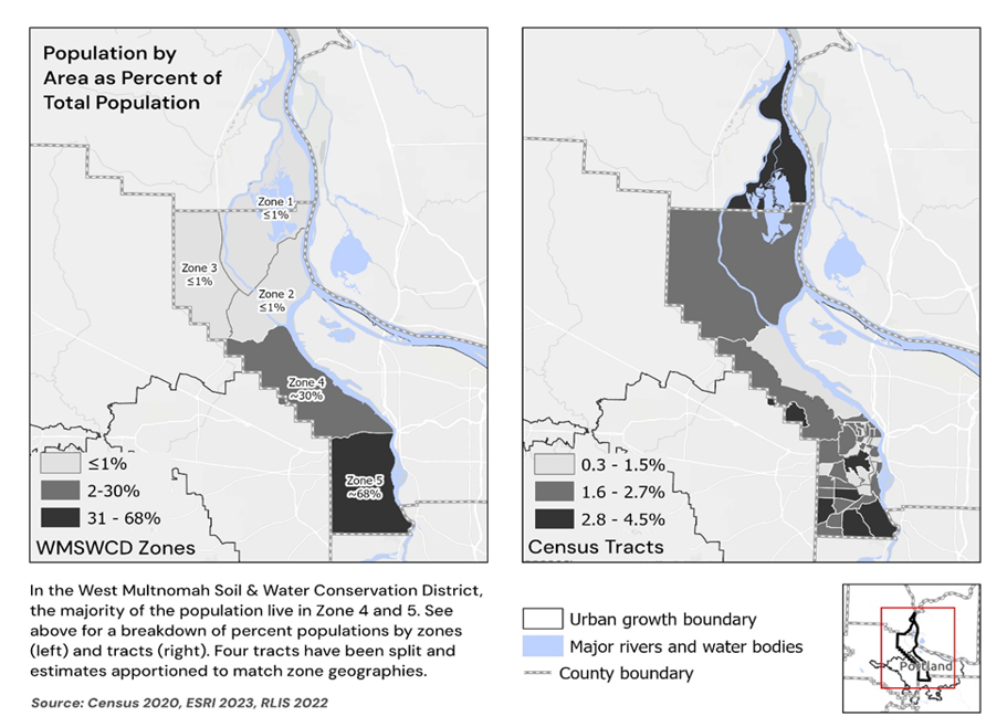 Map of the West Multnomah District showing population by Zone as well as by census tracts