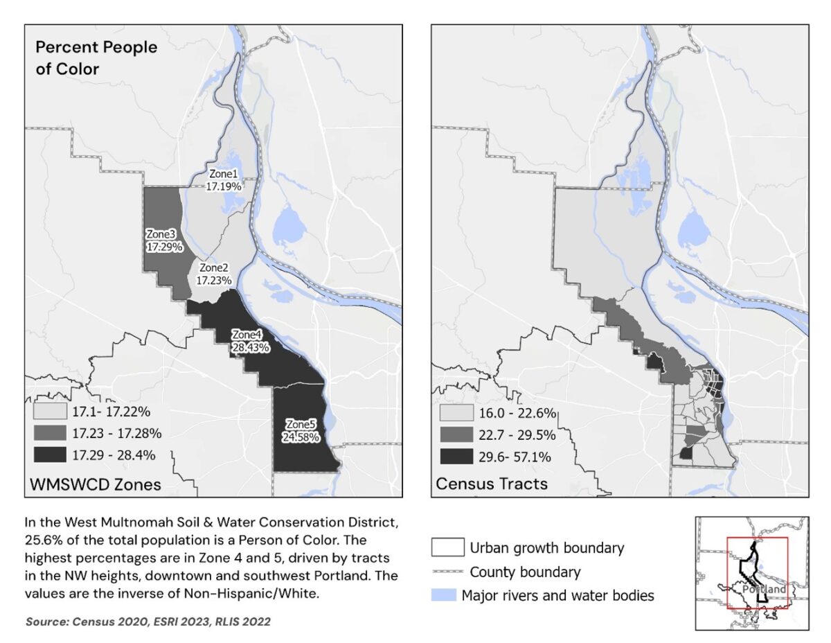 Map of the West Multnomah District showing percent people of color by zone, as well as with the census tracts.