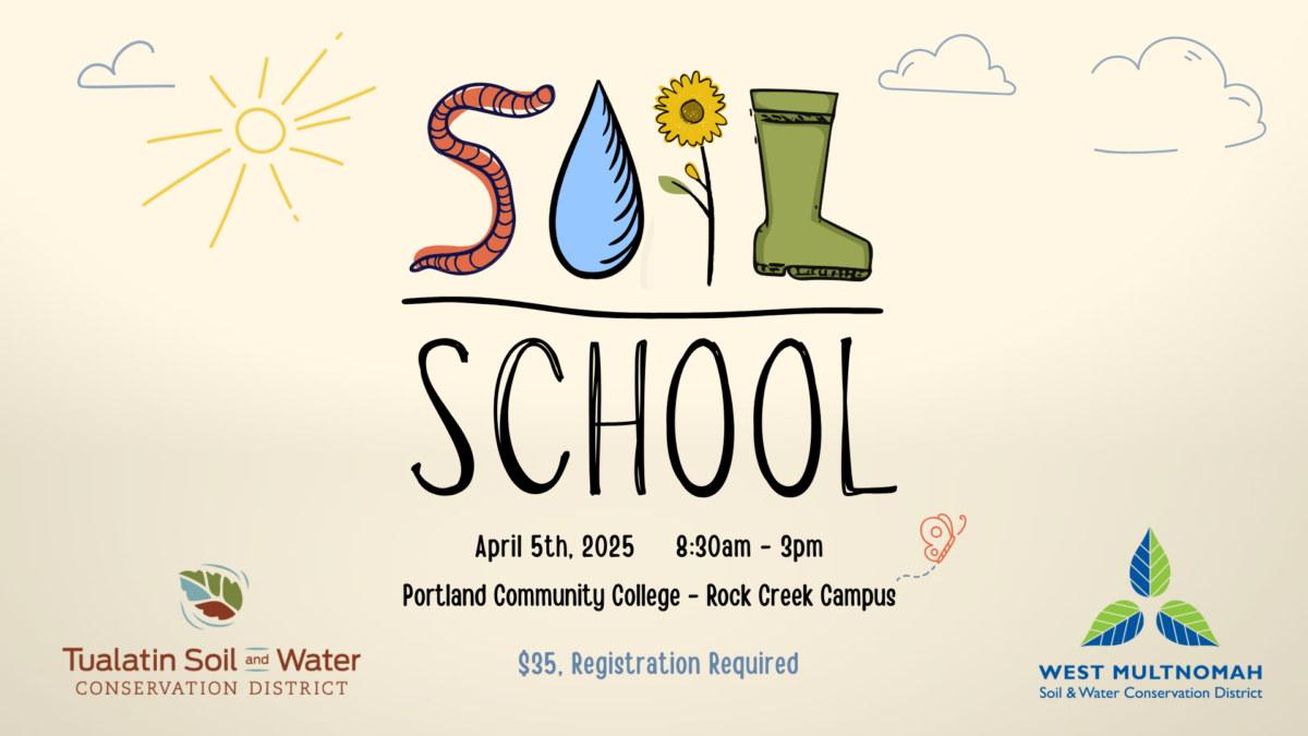 Soil School event banner with a worm, boot, and flower spelling out SOIL