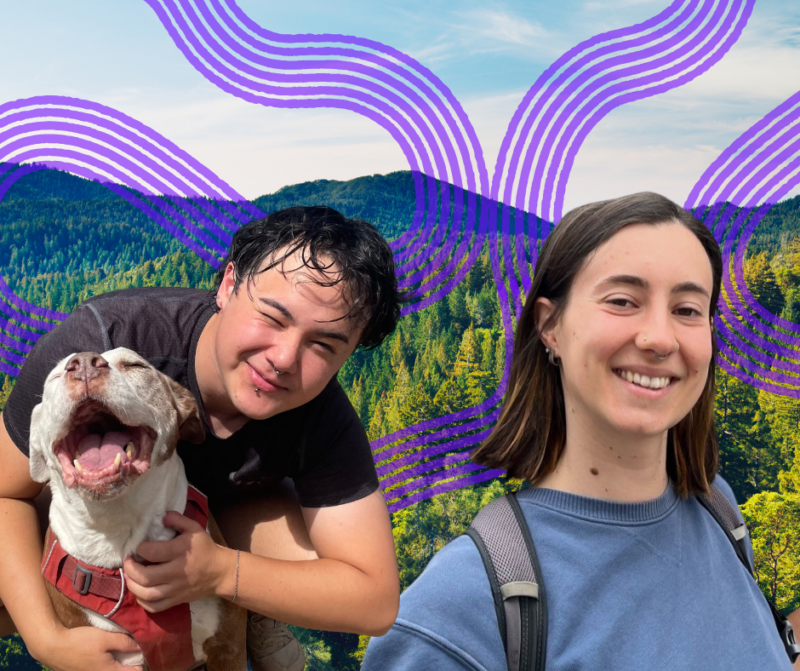 James and his dog and Pavlina look at the camera in edited picture overlaid on a mountainous background and purple lines in the background.