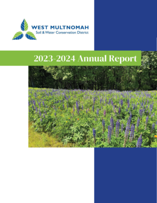 White and blue background with WMSWCD logo and 2023-2024 Annual Report written on it. Medium picture of purple lupin flowers.