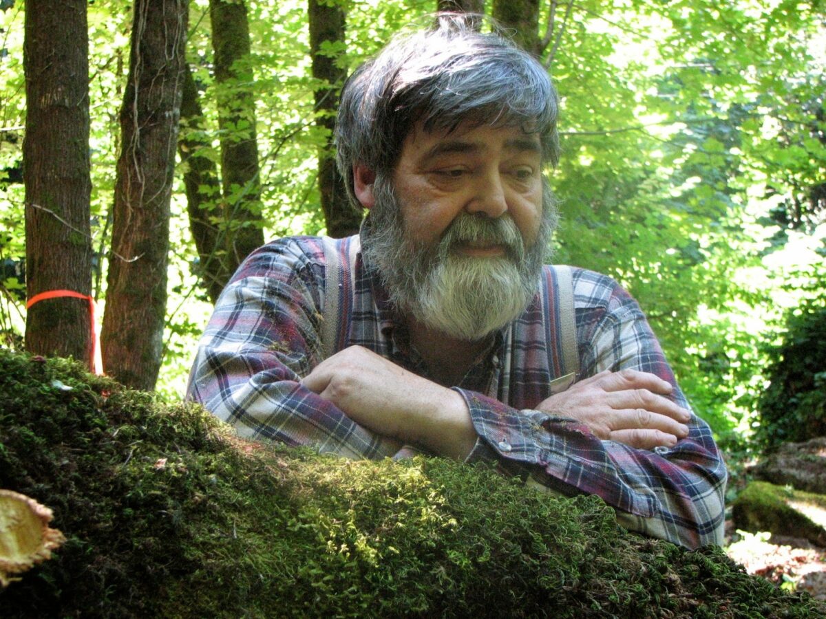 A close up image of a man with gray hair and beard leaning on a fallen tree and looking into the distance.