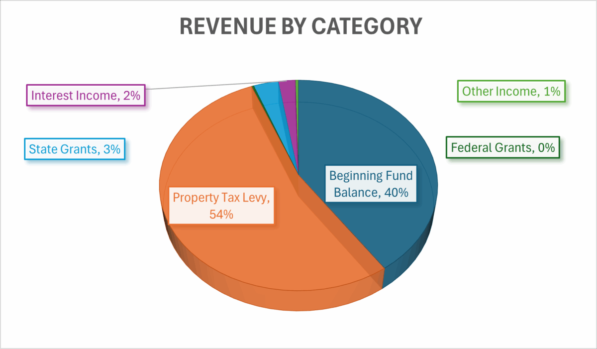Pie chart for revenue by category. Described below.