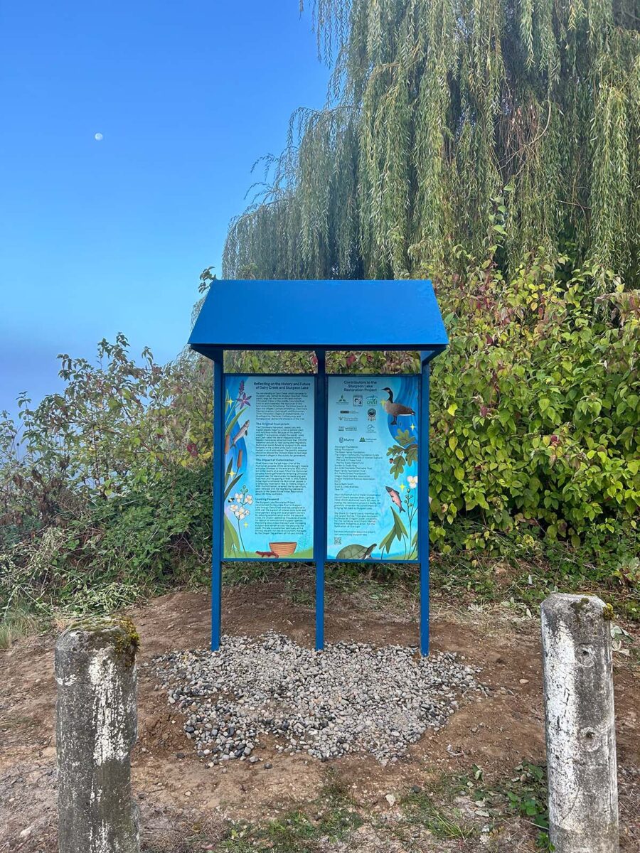 An interpretive sign, picture taken straight on. The sign is mostly blue with a large tree and blue sky behind it.