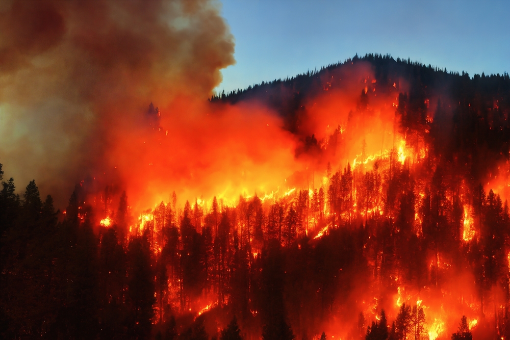 Forested hilly area with bright orange flames and smoke