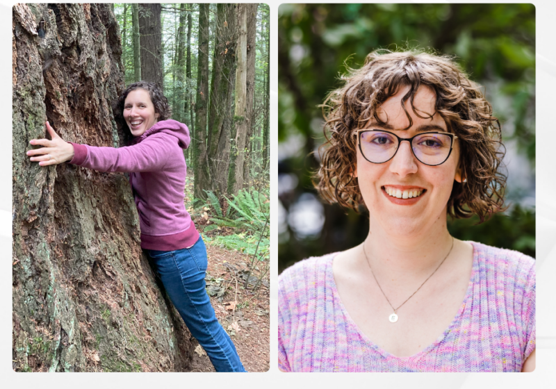 A split image of two women. On left, Ariana stands smiling hugging a large tree. To the right, Eleanor has a headshot where she smiles at the camera in black glasses.