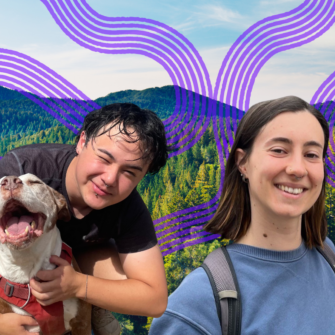 James and his dog and Pavlina look at the camera in edited picture overlaid on a mountainous background and purple lines in the background.