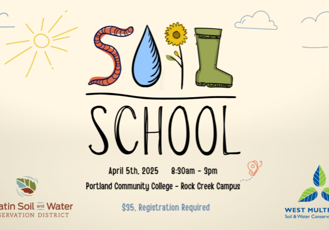 Soil School event banner with a worm, boot, and flower spelling out SOIL