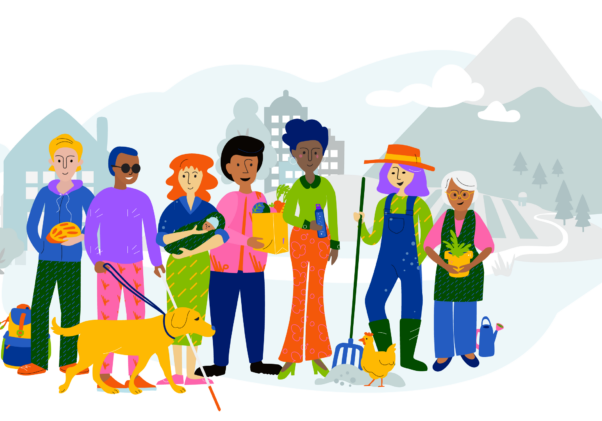 Group of people drawn in a colorful cartoon style, all taking part in environmental activities