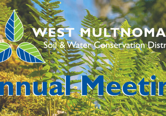 West Multnomah Soil and Water Conservation District logo with annual meeting text over background with fern on mossy tree trunk