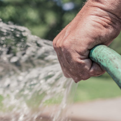 hand holding a garden hose spraying water